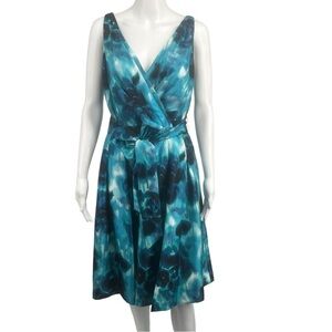 EVAN PICONE Shimmer A-Line Dress Watercolor Floral Blue White Sleeveless V-Neck